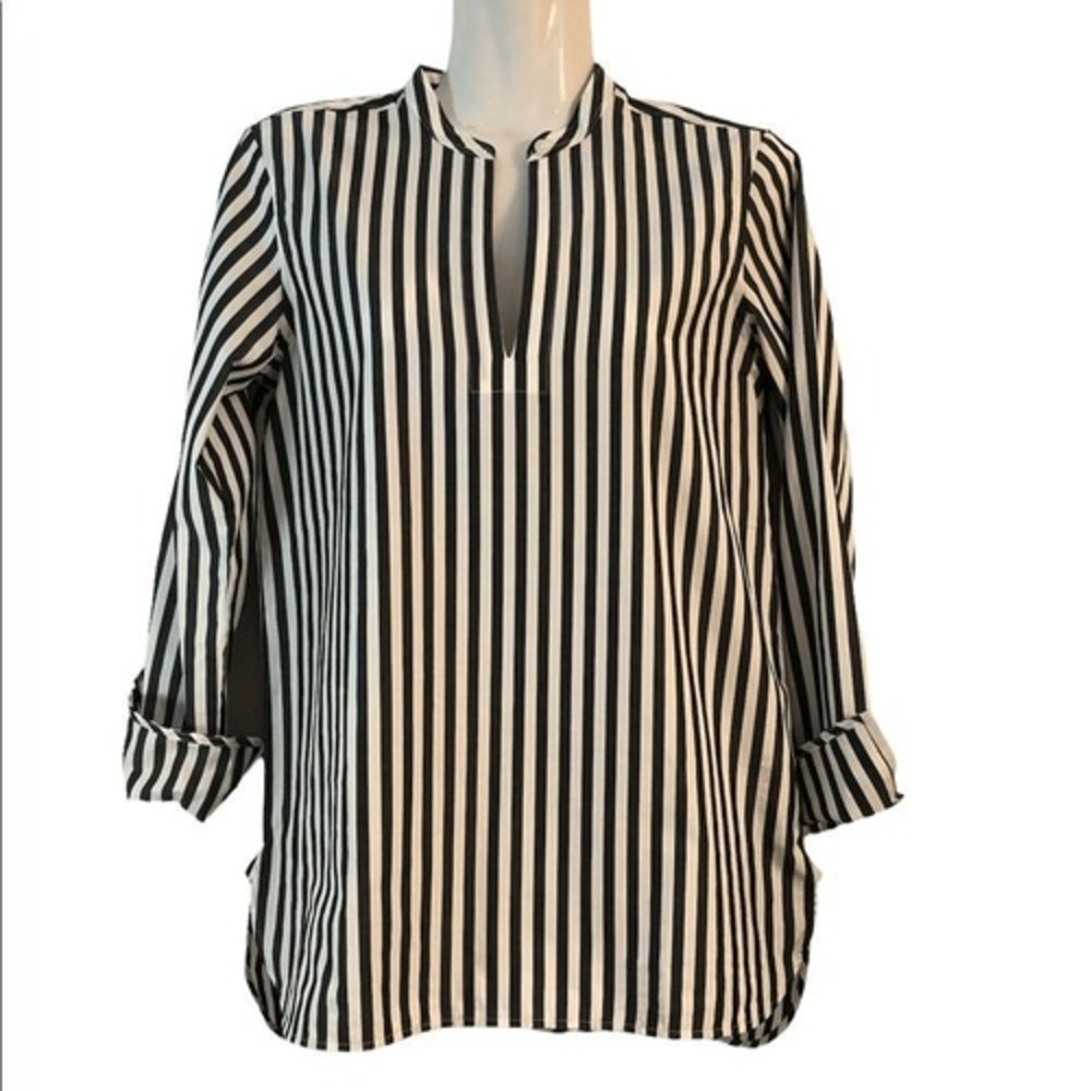 Everlane tunic Sz 00 high‎ low hemline 3/4 sleeve striped green white cotton